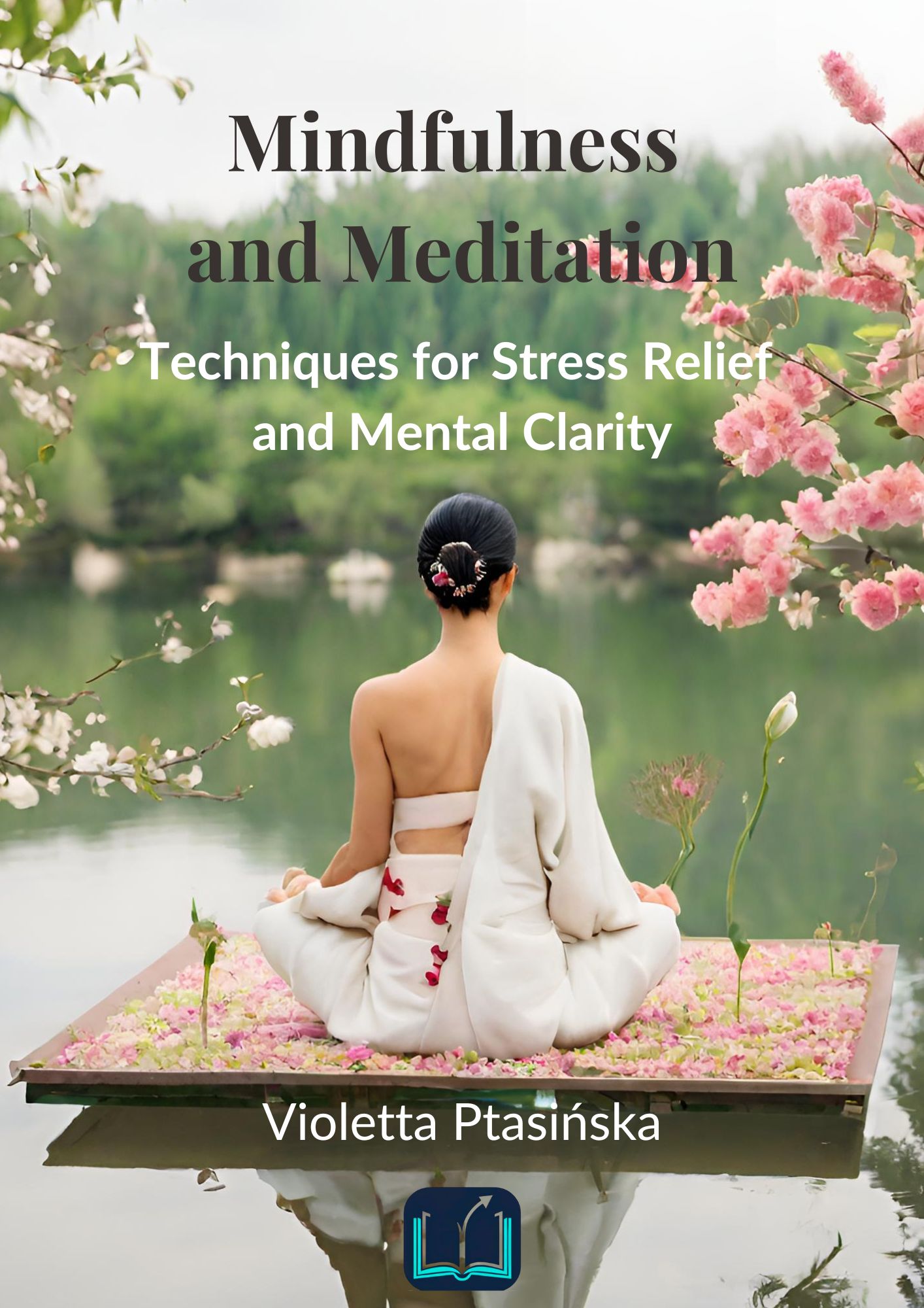 Okładka e-booka "Mindfulness and Meditation". Kobieta medytuje nad brzegiem jeziora otoczonego kwiatami.